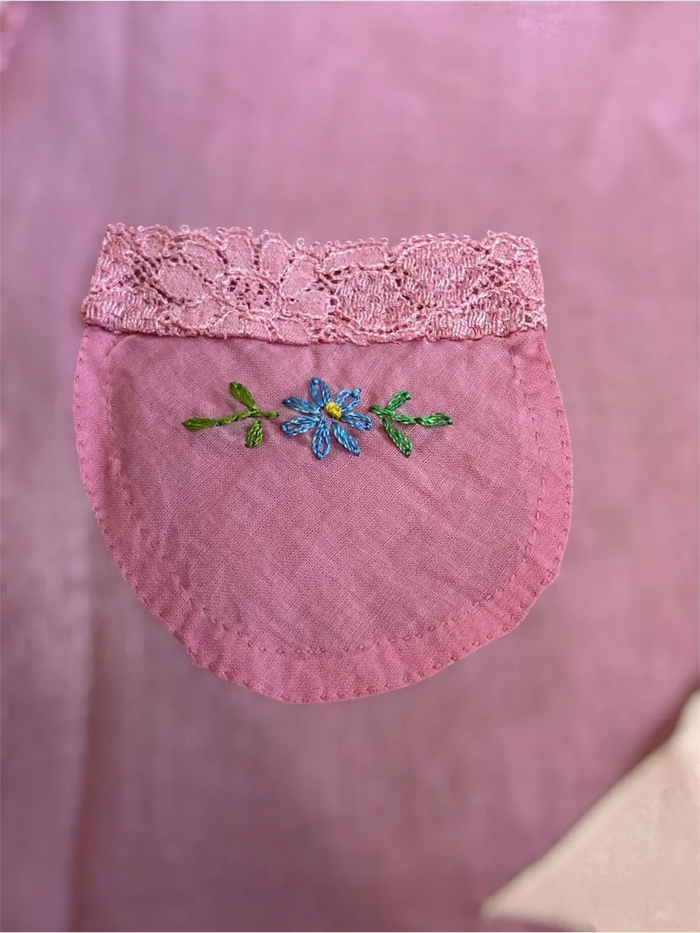 Vintage Sheer Pink Embroidered Half Apron with Lace Trim and Pink Satin Ties